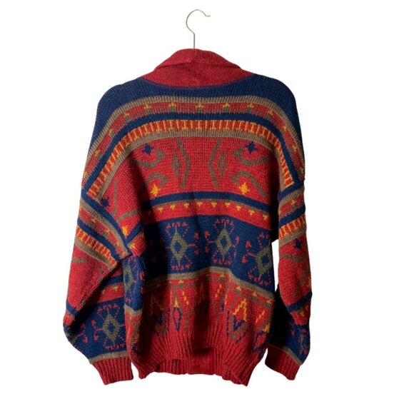 Skjaeveland Trend Cardigan Sweater Button Up Shawl-Collar Red Blue Aztec - Picture 2 of 7
